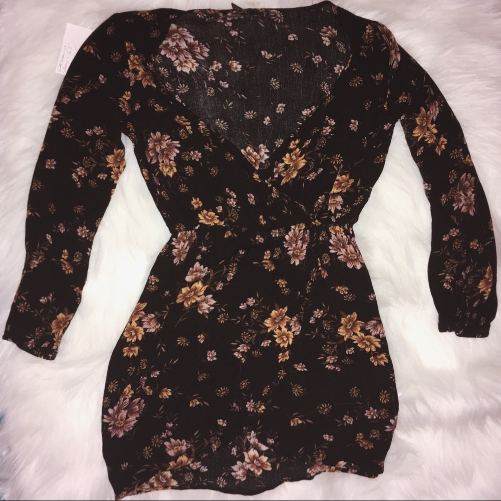 Forever 21 Black and Floral Cinch Waist Wrap Dress